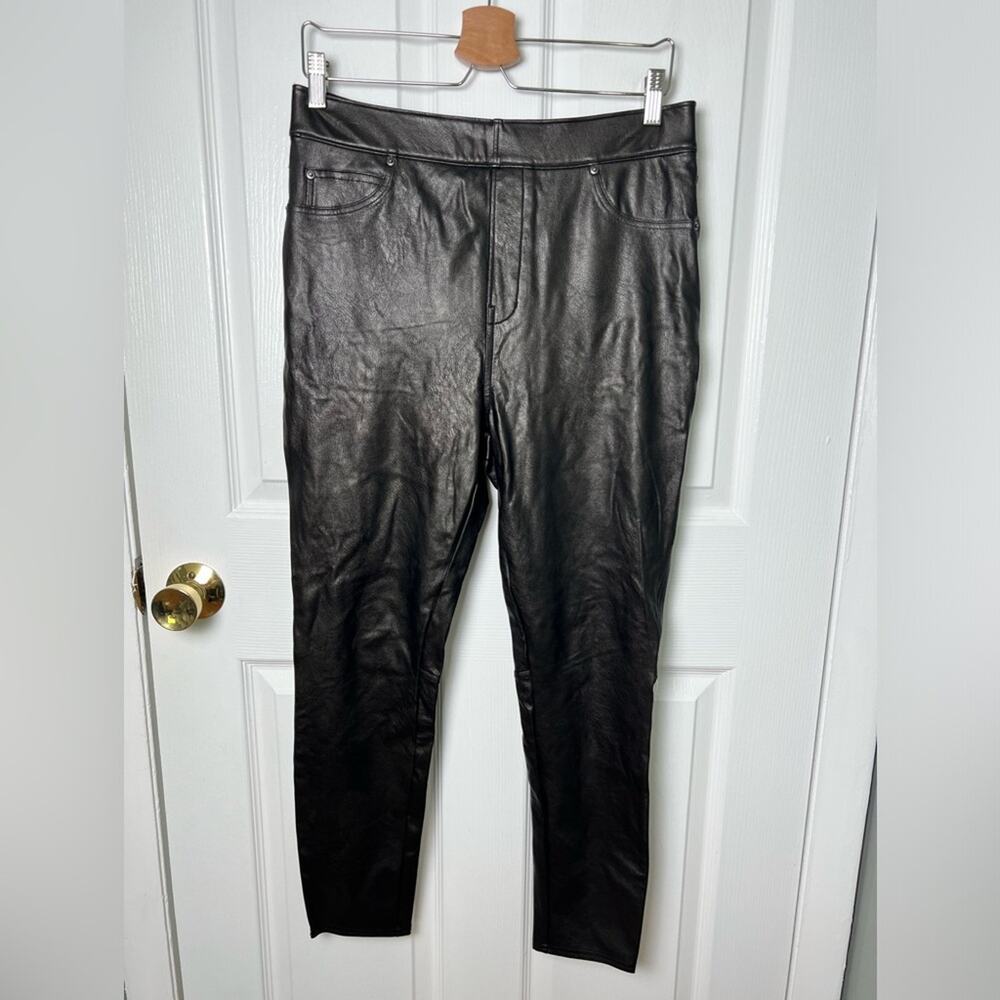 Spanx Black Leather Like High Rise Ankle Skinny Leg Pull On Slimming Pant L - Picture 3 of 8